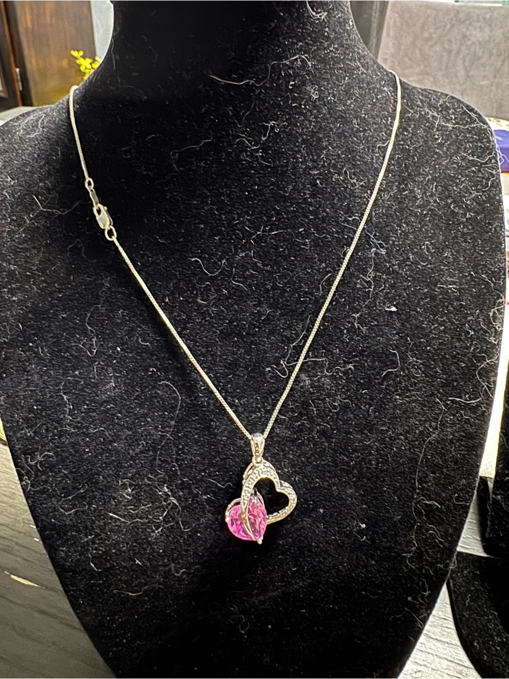 Source Unknown Silver-Tone Double Heart Necklace with Pink Crystal
